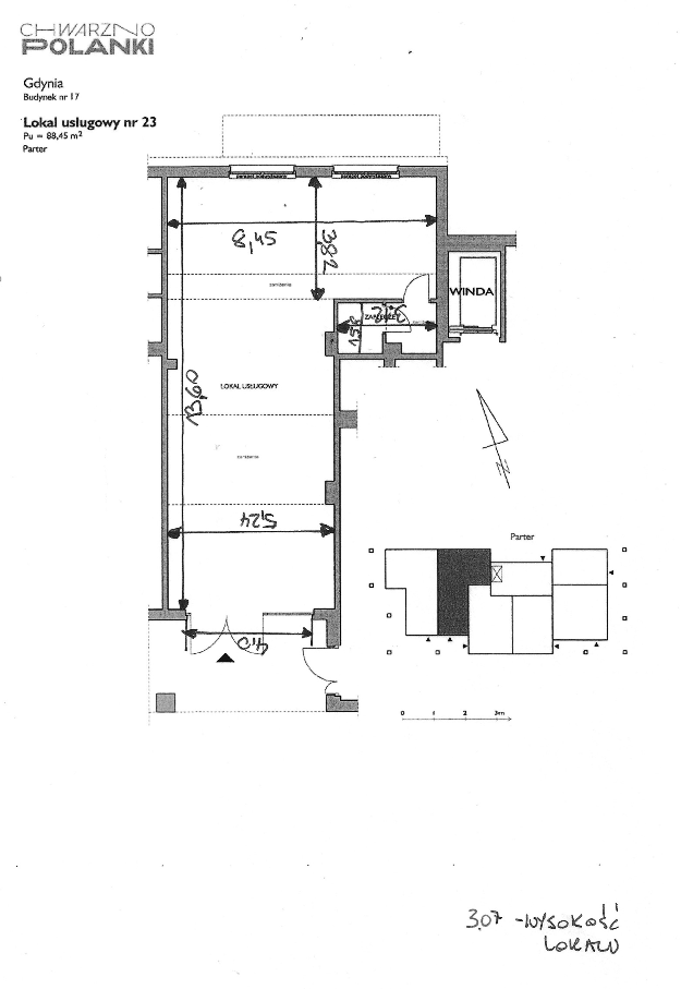 Rzut architektoniczny lokalu wraz z wymiarami